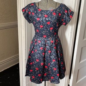 Heroines Paris Love Me Navy Blue Red Hearts Sparkly Retro Midi Dress FR38